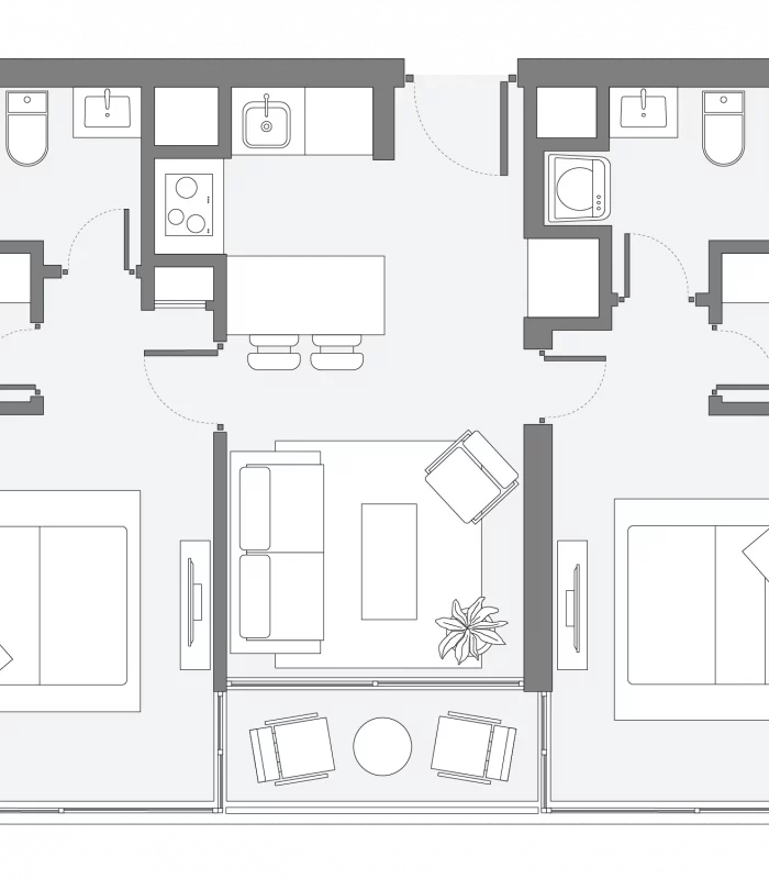 Plano Depto C1 de Franklin 358: 2 dormitorios y 2 baños. Departamento con 57,07 m² totales.