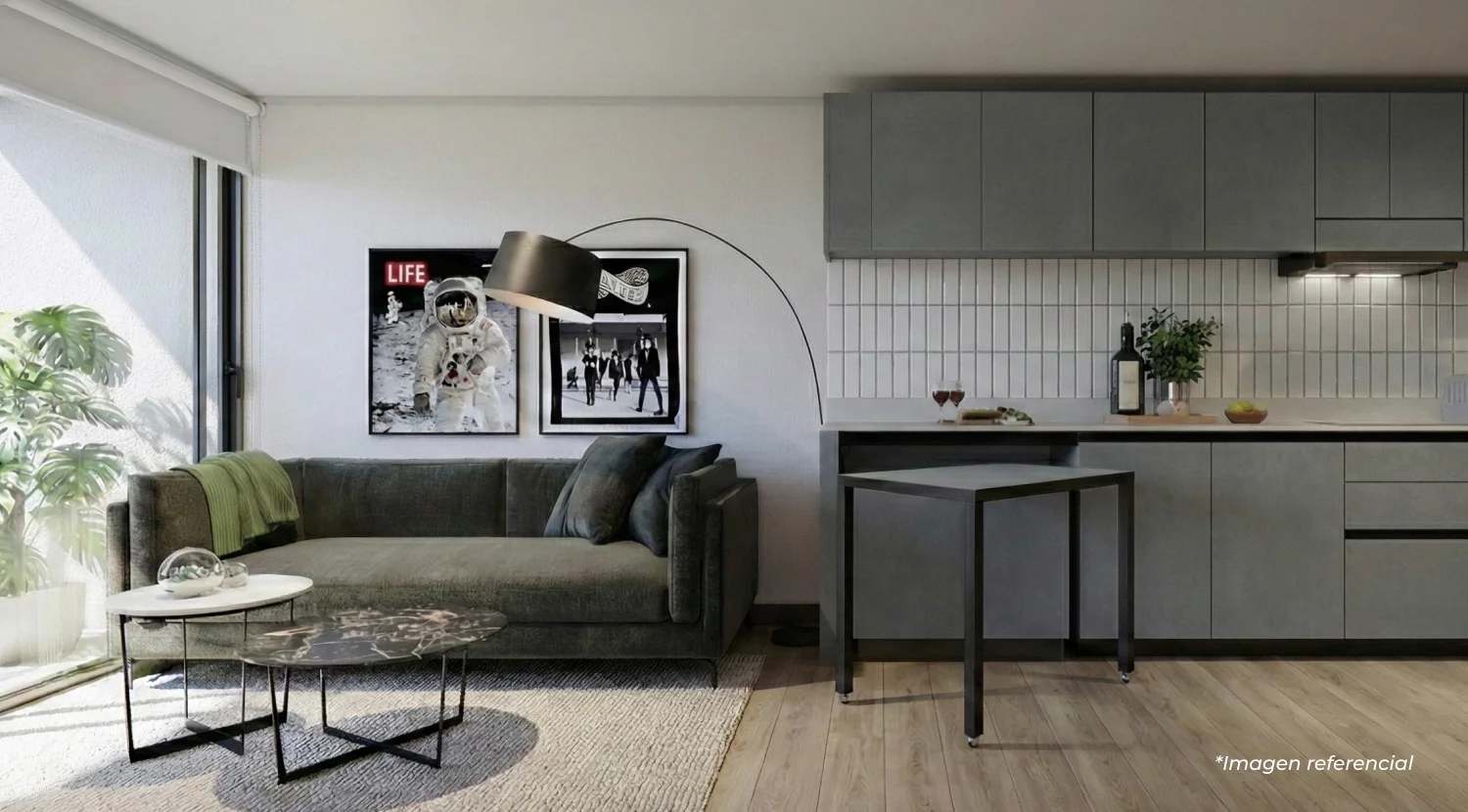 Cocina integrada con mesón movible y espacio optimizado en departamento de Pilares.