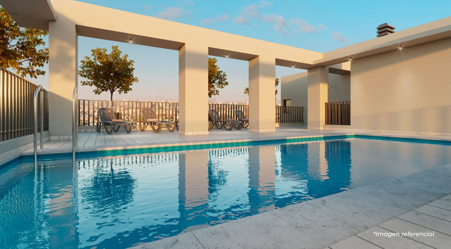 Piscina al aire libre y zonas de descanso en edificio Franklin 358.
