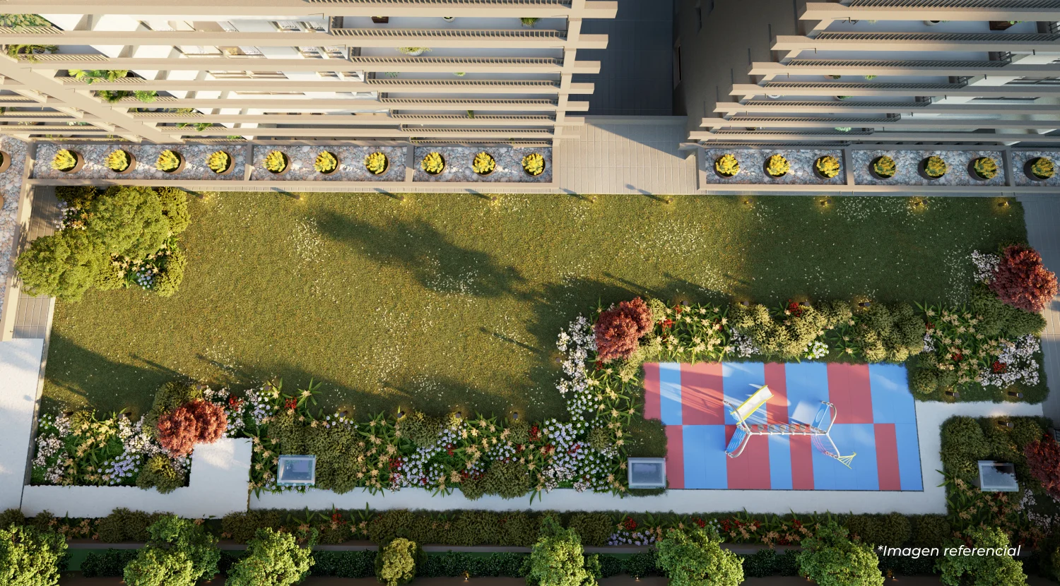 Vista aérea de áreas verdes en proyecto inmobiliario en Santiago.