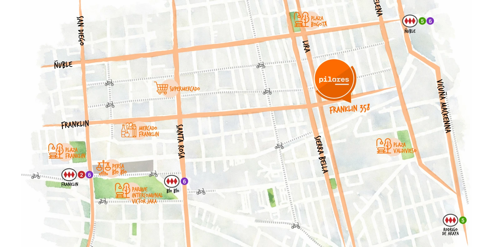 Mapa del barrio del departamento Franklin 358, con cercanía a las líneas 5 y 6 del Metro.