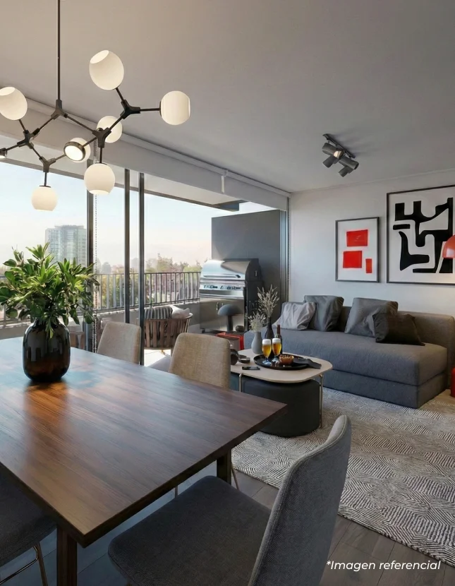 Amplio living comedor con salida a terraza con vista a Santiago.