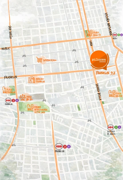 Mapa del barrio del departamento Franklin 358, con cercanía a las líneas 5 y 6 del Metro.